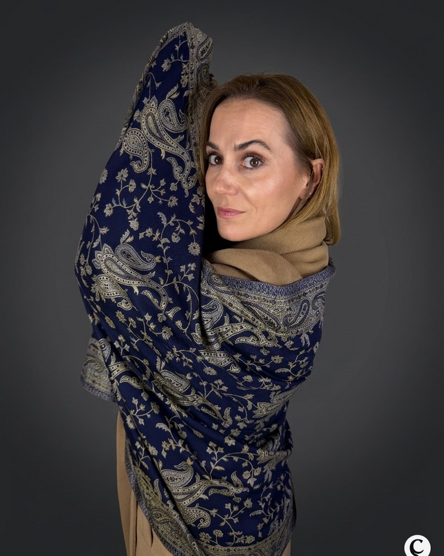 Chusta "Midnight gold" – królewski granat i złoto (210x70 cm)