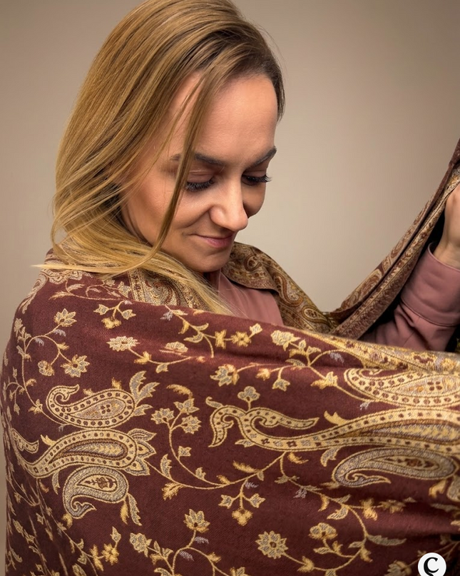 Chusta "Burgundy Bronze Paisley" w stylu vintage (210x70cm)