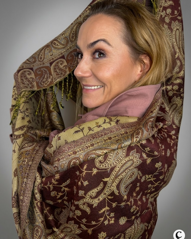 Chusta "Burgundy Bronze Paisley" w stylu vintage (210x70cm)