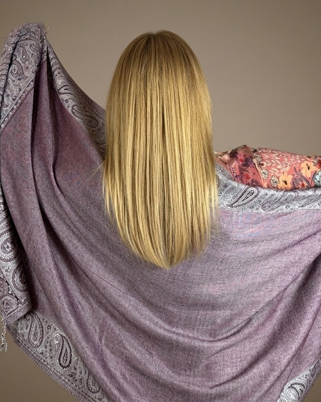 Szal żakardowy srebrny z fioletem (200x74 cm)