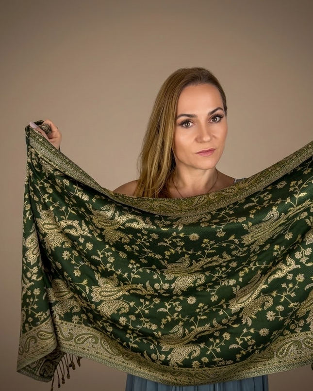 Chusta "Emerald Forest Paisley" – Szlachetna Zieleń i Srebro (210x70cm)